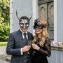 Gothic Horned Devil Satyr and Side Feather Mesh Women Men Masquerade Mask - Silver Black