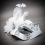 Black Horned Demon Mask & Silver White Tulle Glitter Masquerade Couple Mask Set