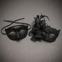 Elegant Lace Feather Flower Women and Scroll Men Venetian Masquerade Mask - Black