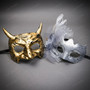 Rustic Horned Satyr Devil Men Masquerade Venetian Mask with Antique Finish - Gold Black