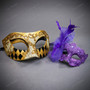 Elegant Venetian Harlequin and Purple Feather Women Masquerade Eye Masks - Gold Purple Black