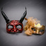 Realistic Horned Devil and Floral Glitter Lace Filigree Couples Masquerade Mask - Red Gold Black