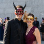 Realistic Horned Devil and Floral Glitter Lace Filigree Couples Masquerade Mask - Red Gold Black