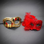 Venetian Harlequin And Red Lace Feather Mesh Men And Women Masquerade Mask Pair - Red Gold