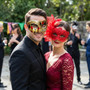 Venetian Harlequin And Red Lace Feather Mesh Men And Women Masquerade Mask Pair - Red Gold