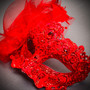 Gold Red Harlequin Venetian Half Mask & Red Lace Feather Masquerade Couple Mask Set