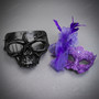 Gothic Barbed Wire Skull Men and Purple Lace Feather Women Masquerade Masks - Black Purple
