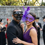 Gothic Barbed Wire Skull Men and Purple Lace Feather Women Masquerade Masks - Black Purple