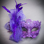Black Gothic Pirate Skull Mask & Purple Venetian Tulle Flower Lace Masquerade Couple Mask Set