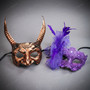 Antique Horned Beast and Purple Glitter Lace Feather Couples Masquerade Mask - Bronze Purple