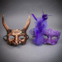 Antique Horned Beast and Purple Glitter Lace Feather Couples Masquerade Mask - Bronze Purple