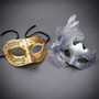 Elegant Venetian Music Notes and Side Flower Feathers Couples Masquerade Eye Masks - Gold Silver
