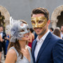 Elegant Venetian Music Notes and Side Flower Feathers Couples Masquerade Eye Masks - Gold Silver