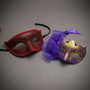 Elegant Glitter Feather Flower Couple Women Men Masquerade Mask - Maroon Purple Gold