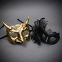 Mythical Horned Gold Devil And Black Feathered Lace Couples Masquerade Mask - Gold Black