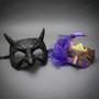 Venetian Devil Horns And Elegant Purple Flower Lace Couple Masquerade Masks - Black Purple Gold