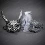 Gothic Horned Demon and Lace Feather Side Flower Couples Masquerade Mask - Silver Black