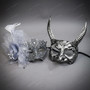 Gothic Horned Demon and Lace Feather Side Flower Couples Masquerade Mask - Silver Black