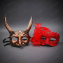 Gothic Horned Devil Faun And Lace Floral Sequin Couples Masquerade Eye Mask - Bronze Red