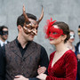 Gothic Horned Devil Faun And Lace Floral Sequin Couples Masquerade Eye Mask - Bronze Red