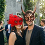 Gothic Horned Devil Faun And Lace Floral Sequin Couples Masquerade Eye Mask - Bronze Red