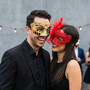 Elegant Venetian Harlequin Lace Feather Women Masquerade Eye Masks - Red Gold Black White