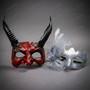 Demonic Horned Devil And Elegant Floral Feathered Women Masquerade Eyes Mask - Red Silver