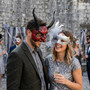 Demonic Horned Devil And Elegant Floral Feathered Women Masquerade Eyes Mask - Red Silver