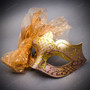 Black Horned Demon Mask & Gold Tulle Glitter Masquerade Couple Mask Set