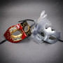 Venetian Musical Music Note and Silver Feather Flower Couples Masquerade Mask - Red Silver