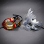 Venetian Musical Music Note and Silver Feather Flower Couples Masquerade Mask - Red Silver