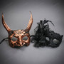 Horned Metallic Satyr Devil and Black Lace Floral Couples Masquerade Mask - Copper Black