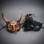 Horned Metallic Satyr Devil and Black Lace Floral Couples Masquerade Mask - Copper Black