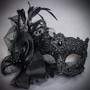Black Gothic Pirate Skull Mask & Venetian Tulle Flower Lace Masquerade Couple Mask Set