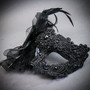 Black Gothic Pirate Skull Mask & Venetian Tulle Flower Lace Masquerade Couple Mask Set