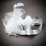 Red Gold Venetian Musical Harlequin & White Tulle Feather Masquerade Couple Mask Set