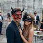 Large Horned Devil Demon And Elegant Side Feather Women Masquerade Mask - Red Black