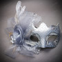 Black Horned Demon Mask & Silver Tulle Glitter Masquerade Couple Mask Set
