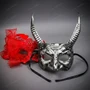 Elegant Red Lace Feather And Silver Devil Horns Couples Masquerade Mask - Red Silver