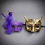 Antique Gold Horned Devil and Elegant Purple Lace Feather Mask for Couples - Gold Purple