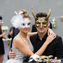Mythical Horned Beast Men and White Lace Feather Women Venetian Masquerade Mask - Gold White