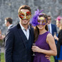 Venetian Musical Harlequin And Purple Feathered Women Men Masquerade Masks - Red Purple Gold