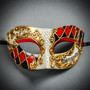 Red Gold Venetian Musical Harlequin & Gold Purple Tulle Feather Masquerade Couple Mask Set
