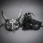 Horned Devil Beast Men and Elegant Lace Flower Women Masquerade Masks - Silver Black