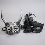 Horned Devil Beast Men and Elegant Lace Flower Women Masquerade Masks - Silver Black