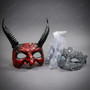 Horned Devil Demon and Silver Lace Feather Couples Masquerade Masks - Red Black Silver