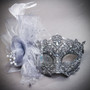 Red Devil Horn Demon Mask & Silver Feather Lace Masquerade Couple Mask Set