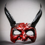 Red Devil Horn Demon Mask & Silver Feather Lace Masquerade Couple Mask Set