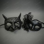 Devil Horned Mythical and Floral Feather Lace Venetian Masquerade Masks - Black