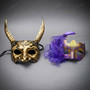 Couples Horned Beast and Purple Flower Feather Women Masquerade Mask - Gold Purple